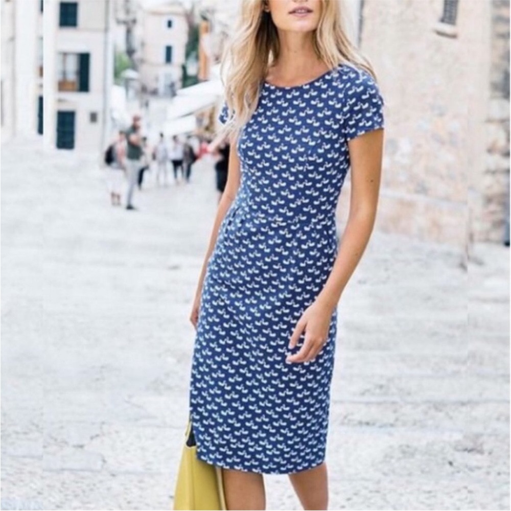 Boden Phoebe Swan Print Jersey Dress Blue White Pockets